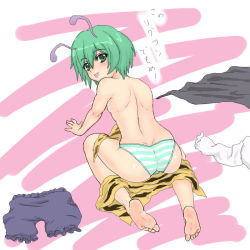 1girl :p all_fours antennae ass back barefoot bloomers blouse cameltoe feet female_focus from_behind green_eyes green_hair kono_lolicon_domome kuro_suto_sukii looking_back matching_hair/eyes panties parody shirt short_hair shorts simple_background soles solo striped_clothes striped_panties toes tongue tongue_out topless touhou underwear undressing unworn_shorts white_shirt wriggle_nightbug rating:Questionable score:21 user:danbooru