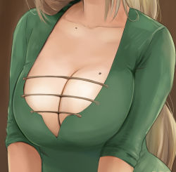  1girl bad_id bad_pixiv_id blonde_hair breasts brown_background brown_hair cleavage close-up collarbone dress ghisi head_out_of_frame large_breasts long_hair mole mole_on_breast original simple_background solo special_g_(spg) upper_body  rating:Sensitive score:51 user:danbooru