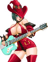  arc_system_works bare_shoulders blush breasts cleavage dress fingerless_gloves gloves green_eyes green_hair guilty_gear guitar guitar_girl hat i-no instrument large_breasts lowres nail_polish red_dress short_hair simple_background thighhighs warner witch witch_hat  rating:Questionable score:26 user:warner