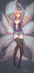 1girl absurdres ahri_(league_of_legends) animal_ears arms_up black_thighhighs blonde_hair blush breasts cleavage dated fox_ears fox_tail full_body highres large_breasts league_of_legends licking_lips long_hair looking_at_viewer lying navel on_back open_mouth popstar_ahri shon signature smile solo tail teeth thighhighs tongue tongue_out yellow_eyes rating:Sensitive score:13 user:danbooru