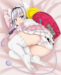  1girl ass ass_focus backpack bag black_bow black_hairband blue_eyes blush bow cameltoe dragon_horns drooling feet female_focus from_behind full_body gradient_hair hair_bow hairband highres horns kanna_kamui kobayashi-san_chi_no_maidragon loli long_hair looking_at_viewer looking_back lying multicolored_hair no_shoes on_bed on_side open_mouth panties pantyshot pillow pleated_skirt print_panties randoseru silver_hair skirt solo swept_bangs tail teeth thick_thighs thighhighs thighs toes underwear upper_teeth_only white_panties white_thighhighs wide_hips yukipohinagiku 