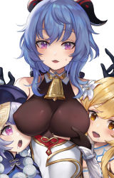  3girls absurdres bare_shoulders bead_necklace beads bell black_gloves blonde_hair blue_hair blush breast_awe breast_hold breasts brown_leotard commentary covered_erect_nipples cowbell drooling fingerless_gloves ganyu_(genshin_impact) genshin_impact gloves goat_horns hat heart heart-shaped_pupils highres horns jewelry jiangshi large_breasts leotard long_hair looking_at_breasts lumine_(genshin_impact) miyayosh multiple_girls necklace open_mouth purple_eyes purple_headwear qingdai_guanmao qiqi_(genshin_impact) symbol-shaped_pupils white_background yellow_eyes  rating:Sensitive score:65 user:danbooru