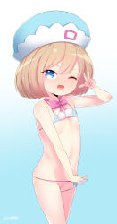  1girl bare_arms bikini bikini_pull blush born-to-die cleft_of_venus clothes_pull female_focus flat_chest gradient_background hair_between_eyes hat heart heart-shaped_pupils highres loli neptune_(series) one_eye_closed open_mouth pussy rom_(neptunia) shiny_skin short_hair solo swimsuit symbol-shaped_pupils uncensored w  rating:Explicit score:124 user:Domestic_Importer