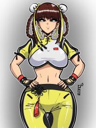  1girl belly braid breasts brown_eyes brown_hair crop_top dead_or_alive dead_or_alive_6 gloves highres large_breasts lei_fang multi-tied_hair navel paddy_g_(terrybrogard) pants shirt short_sleeves standing stomach white_shirt yellow_pants yellow_shirt 