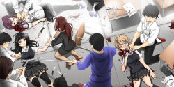  4girls 5boys belt black_hair black_legwear blonde_hair blood blood_on_clothes blood_on_face brown_hair chair classroom commentary crazy death desk empty_eyes english_text erikku_(kata235) from_above injury knife multiple_boys multiple_girls original pantyhose paper ponytail restrained school see-through see-through_legwear shoes thighhighs uwabaki zettai_ryouiki  rating:Questionable score:35 user:danbooru