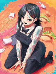  1girl apron black_apron black_bow black_bowtie black_eyes black_hair black_pants bow bowtie breasts burger chainsaw_man collared_shirt commentary_request cup disposable_cup failure food french_fries full_body hair_ornament hairclip higashiyama_kobeni highres kneeling long_sleeves looking_at_viewer medium_breasts medium_hair mole mole_under_eye mole_under_mouth multiple_moles odoro_(nicoseiga81184094) open_mouth pants shirt short_ponytail single_sidelock soda solo spill swept_bangs tray white_shirt 