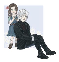  1boy 1girl aerith_gainsborough aged_down alternate_hairstyle belt black_coat black_footwear black_pants black_sweater blue_background blue_eyes boots bow bracer brown_belt brown_footwear brown_hair coat collared_shirt commentary english_commentary final_fantasy final_fantasy_vii flower frilled_sleeves frills full_body gloves grey_hair hair_bow hair_flower hair_ornament hair_ribbon hands_up happy highres holding holding_flower knee_boots light_smile long_hair long_sleeves open_mouth overall_dress overalls pants pink_bow pink_ribbon ponytail ribbon rice_dough sephiroth shirt short_hair sitting smile socks sweater turtleneck turtleneck_sweater wavy_hair white_flower white_socks 