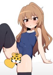  1girl aisaka_taiga arm_support black_thighhighs blue_one-piece_swimsuit blush breasts brown_eyes brown_hair censored clothing_aside commentary covered_navel highres holding_own_leg implied_vaginal knee_up looking_down mikoscrub novelty_censor one-piece_swimsuit parted_lips sidelocks simple_background sitting skindentation small_breasts solo stomach_bulge swimsuit swimsuit_aside symbol-only_commentary thighhighs toradora! white_background 
