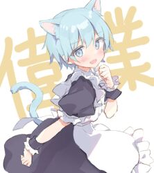 1boy animal_ear_fluff animal_ears apron black_dress blue_eyes blue_hair blush cat_boy cat_day cat_ears cat_tail dress fang frilled_wrist_cuffs frills looking_at_viewer maid maid_apron male_focus misskey.io murakami-san_(misskey.io) open_mouth ryouka_(suzuya) short_hair simple_background solo tail text_background trap webp-to-png_conversion white_apron white_background wrist_cuffs