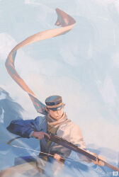  1boy aiming arisaka asirpa black_hair bolt_action facial_scar fighting_stance floating_scarf golden_kamuy gun hat highres imperial_japanese_army long_sleeves male_focus military_hat rifle scar scar_on_cheek scar_on_face scar_on_mouth scar_on_nose scarf short_hair simple_background snow solo_focus sugimoto_saichi two-tone_headwear weapon 
