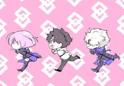  1girl 2boys armor armored_boots armored_dress black_hair blue_eyes boots chaldea_uniform chibi command_spell fate/grand_order fate_(series) fujimaru_ritsuka_(male) galahad_(fate) hair_over_one_eye light_purple_hair mash_kyrielight multiple_boys parody patterned_background pink_background purple_eyes running simple_background smooooch sword weapon white_hair yellow_eyes 