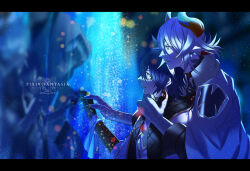1other 2boys animal_ears animal_hands blue_background blue_cape blue_eyes blue_hair cape claws fangs glasses gloves grey_eyes hands_up holding_hands horns looking_at_another looking_to_the_side low_ponytail male_focus medium_hair monster_boy multiple_boys nekomiti pixiv_fantasia pixiv_fantasia_mountain_of_heaven pointy_ears red_horns scales upper_body