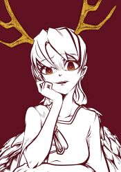  1girl a816234 absurdres antlers dragon_girl dragon_horns dragon_tail hashtag-only_commentary highres horns kicchou_yachie looking_at_viewer monster_girl open_mouth red_eyes short_hair smile solo square_neckline tail touhou turtle_shell yellow_horns 