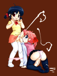  2girls ass bent_over blue_eyes blue_hair blush brown_background censored clothing_aside cum ejaculation facial fellatio flat_chest futa_with_futa futanari hair_bobbles hair_ornament hair_ribbon kneeling loli looking_at_viewer looking_back mosaic_censoring multiple_girls multiple_penises no_testicles open_mouth oral panties panties_aside panty_pull penis pink_hair potato_house projectile_cum pussy red_eyes ribbon short_hair short_twintails simple_background skirt standing thighhighs tongue twintails underwear veins veiny_penis  rating:Explicit score:131 user:danbooru