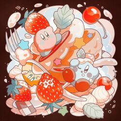  ;o absurdres aqua_eyes blush blush_stickers brown_background cake checkerboard_cookie cherry closed_mouth cookie food food_on_face food_on_head fork fruit glef_life highres icing kirby kirby_(series) leaf looking_at_viewer mint multiple_persona nintendo no_humans object_on_head one_eye_closed open_mouth simple_background smile star_(symbol) strawberry strawberry_shortcake 