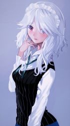  1girl alternate_costume alternate_hairstyle commentary_request geppewi hair_down highres izayoi_sakuya long_hair long_sleeves looking_at_viewer maid_headdress red_eyes silver_hair simple_background solo touhou upper_body  rating:Sensitive score:7 user:DShinigami