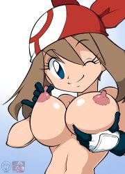  arukime bandana blue_eyes breasts brown_hair colorized covered_erect_nipples creatures_(company) game_freak gloves highres large_breasts looking_at_viewer may_(pokemon) navel nintendo nipple_stimulation nipple_tweak nude one_eye_closed pokemon smile source_request wink  rating:Questionable score:70 user:vesel