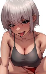  1girl bare_shoulders black_camisole black_eyes blush breasts camisole cleavage clothed_sex clothing_aside collarbone covered_erect_nipples cowgirl_position dark_skin ear_piercing eyelashes fangs girl_on_top grey_hair groin hair_between_eyes half-closed_eyes hanging_breasts hetero highres implied_sex large_breasts looking_at_viewer navel open_mouth original out-of-frame_censoring panties panties_aside piercing pubic_hair pubic_hair_peek rakuga_kiya short_hair simple_background sitting smile solo_focus spaghetti_strap stomach straddling sweat teeth tongue tongue_out tongue_piercing translation_request underwear upper_body white_background 