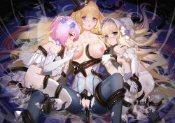  3girls absurdres blonde_hair blue_eyes breasts character_request hat heart highres horns luomo lying multiple_girls nipples on_back open_mouth pussy ribbon shiny_skin spread_legs tentacles thighhighs uncensored  rating:Explicit score:22 user:kein718