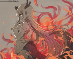  10s 1girl :q bare_shoulders breasts closed_mouth copyright_name cowboy_shot dragon_girl dragon_horns dragon_tail fire from_side grey_background highres horns kobayashi-san_chi_no_maidragon long_hair long_sleeves looking_at_viewer looking_to_the_side medium_breasts no_pants off_shoulder orange_eyes scales shirt sidelocks simple_background smile solo standing tail tohru_(maidragon) tonee tongue tongue_out very_long_hair  rating:Sensitive score:11 user:danbooru