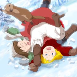  1980s_(style) 1boy 1girl alps_monogatari_watashi_no_annette annette_burnier artist_request ass bloomers blush boots brown_footwear closed_eyes double_entendre falling groundhog loli lucien_morel mittens nippon_animation oldschool outdoors panties retro_artstyle snow tagme top-down_bottom-up tree underwear upskirt  rating:Questionable score:3 user:Vulcanus