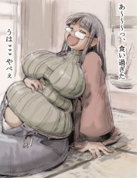 1girl belly_grab belly_stuffing big_belly breasts brown_eyes brown_hair covered_erect_nipples fat glasses huge_breasts kobayakawa_horan midriff navel nekokami open_mouth open_pants original pants plump smile solo sweater translation_request unbuttoned unzipped rating:Sensitive score:41 user:danbooru