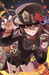  1girl :q absurdres bead_bracelet beads black_nails black_shorts blush bracelet brown_coat brown_eyes brown_hair bug butterfly chinese_clothes closed_mouth coat coattails commentary flower flower-shaped_pupils genshin_impact hair_between_eyes hand_up hat hat_flower highres holding holding_polearm holding_weapon hu_tao_(genshin_impact) insect jewelry leaning_forward long_hair long_sleeves looking_at_viewer multiple_rings plum_blossoms polearm porkpie_hat red_shirt ring shirt short_shorts shorts smile solo staff_of_homa_(genshin_impact) su2ro symbol-shaped_pupils tassel thighs tongue tongue_out twintails weapon wide_sleeves 