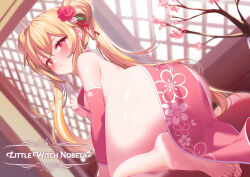 1girl all_fours ass bare_legs bare_shoulders barefoot blonde_hair china_dress chinese_clothes closed_mouth detached_sleeves double_bun dress dutch_angle feet floral_print flower from_behind hair_bun hair_flower hair_ornament heart heart-shaped_pupils highres legs little_witch_nobeta long_hair long_sleeves looking_at_viewer looking_back naughty_face nipples no_bra no_panties nobeta official_art pelvic_curtain print_dress pulling_own_clothes red_dress red_eyes sleeveless sleeveless_dress smile solo symbol-shaped_pupils thighs twintails zhaofeng_yinyue rating:Questionable score:142 user:danbooru