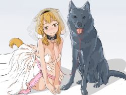 1girl animal_ears bdsm bestiality blonde_hair blush breasts bridal_veil closed_mouth collar dog dot_nose dress hypnosis isekai_meikyuu_de_harem_wo large_breasts leash looking_at_viewer married_to_feral mind_control roxanne_(isekai_meikyuu_de_harem_wo) short_hair simple_background slave smile tail veil wedding_dress yellow_eyes rating:Questionable score:185 user:DoctorWasabi
