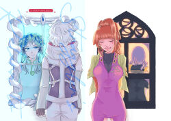  1boy 1other 2girls absurdres androgynous back blue_eyes blue_hair dress facepaint facial_mark facing_away feathers forehead_mark gina_(gnosia) gnosia green_eyes green_hair headphones highres long_hair long_sleeves looking_at_viewer multicolored_hair multiple_girls other_focus purple_hair raqio red_hair remnan_(gnosia) short_hair solo sq_(gnosia) streaked_hair tanaoy tattoo upper_body 
