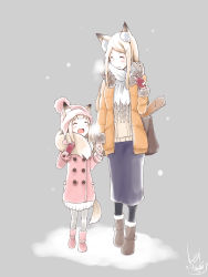  2girls absurdres animal_ears baguette beanie blonde_hair blush bread closed_eyes coat ears_through_headwear fang food fox_ears fox_tail fur_collar gloves grey_background hair_ornament hairclip hat highres holding_hands long_hair mother_and_daughter multiple_girls open_clothes open_coat open_mouth original pantyhose scarf short_hair single_glove skin_fang smile tail yuzuki_kei 