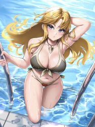  1girl alternate_costume arm_behind_back bikini blonde_hair blue_eyes breasts burnt_green_tea clarisse_(fire_emblem) commentary english_commentary fire_emblem fire_emblem:_new_mystery_of_the_emblem handrail highres jewelry large_breasts long_hair looking_at_viewer navel necklace nintendo parted_bangs parted_lips pool solo swimsuit wet  rating:Sensitive score:13 user:danbooru