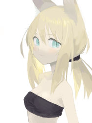  1girl absurdres animal_ear_fluff animal_ears bandeau bare_shoulders black_bandeau blonde_hair blush breasts cleavage closed_mouth collarbone green_eyes hair_between_eyes highres long_hair looking_at_viewer low_ponytail medium_breasts original paprika_shikiso ponytail sidelocks simple_background slit_pupils solo upper_body white_background 