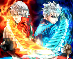  2boys agni_(devil_may_cry) back-to-back blue_eyes blue_theme brothers capcom coat dante_(devil_may_cry) devil_may_cry_(series) fire gloves male_focus multiple_boys nagare red_theme rudra siblings smirk sword twins vergil_(devil_may_cry) weapon white_hair wind 