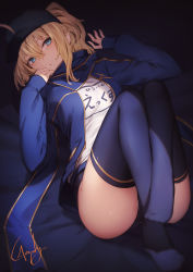 1girl ahoge artoria_pendragon_(fate) baseball_cap blue_eyes blue_jacket blue_scarf blue_thighhighs breasts fate/grand_order fate_(series) genyaky hair_through_headwear hat highres jacket legs long_hair long_sleeves looking_at_viewer medium_breasts mysterious_heroine_x_(fate) open_clothes open_jacket open_mouth scarf shirt shorts solo thighhighs track_jacket white_shirt rating:Sensitive score:31 user:danbooru