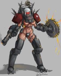  1girl armor barbed_wire bdsm blood breasts circular_saw collar covered_eyes flamethrower full_body grey_background helldivers_(series) hip_armor hulk_(helldivers) large_breasts mecha mechanical_arms mechanical_legs metal_collar midriff navel no_bra no_panties robot saw shadow short_hair shoulder_armor sirpetus skull solo spikes standing tan teeth underboob weapon white_hair 