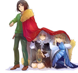  1boy 2girls add_(fate) birdcage black_eyes black_hair black_skirt blonde_hair blue_dress blunt_bangs brown_footwear cage cape chinese_clothes clenched_hand cloak closed_mouth cross-laced_clothes cross-laced_skirt diagonal-striped_clothes diagonal-striped_necktie dress fate/grand_order fate_(series) feather_boa full_body fur-trimmed_cape fur-trimmed_cloak fur_trim gray_(fate) green_eyes green_necktie green_pants green_sweater grey_cloak grey_hair hair_between_eyes hand_on_own_cheek hand_on_own_face hand_up holding holding_cage hood hood_up long_hair long_sleeves looking_at_another multiple_girls necktie pants parted_lips red_cape reines_el-melloi_archisorte reines_el-melloi_archisorte_(third_ascension) seiza shirt shoes short_hair simple_background sitting skirt smile standing striped_clothes sweater tsengyun waver_velvet white_background white_shirt wide_sleeves 