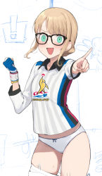 ! 1girl accio blonde_hair blue_eyes blush bracelet clothes_pull collared_shirt creatures_(company) game_freak gen_4_pokemon glasses gloves jewelry long_sleeves looking_at_viewer nintendo open_mouth original panties pants pants_pull pointing pointing_at_viewer pokemon pokemon_swsh rotom rotom_drone shirt sidelocks single_glove smile solo speech_bubble standing underwear white_background white_panties  rating:Questionable score:52 user:danbooru