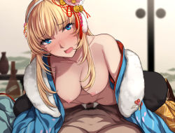  1boy 1girl :d black_thighhighs blonde_hair blue_eyes blurry blurry_background blush breasts censored cleavage clothed_sex cowgirl_position depth_of_field evelysse_(star_ocean) girl_on_top hair_ornament hairband hanging_breasts head_tilt hetero japanese_clothes kimono large_breasts long_hair looking_at_viewer male_pubic_hair mosaic_censoring nagioka navel nipples off_shoulder open_clothes open_kimono open_mouth penis pov pubic_hair pussy_juice sex sitting smile star_ocean straddling thighhighs torogao vaginal  rating:Explicit score:50 user:danbooru
