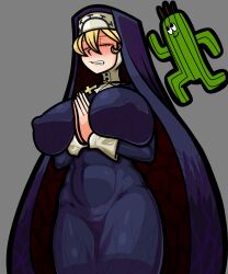  1girl artist_logo between_breasts blonde_hair blush breasts closed_eyes covered_erect_nipples covered_navel cowboy_shot cross cross_necklace double_(skullgirls) final_fantasy frown grey_background grimace huge_breasts jewelry large_breasts necklace nun praying raburiihamu sabotender skullgirls solo 