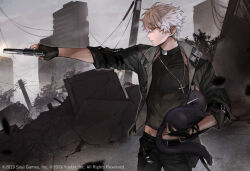  1boy a-37 aiming animal black_cat black_gloves black_jacket cat commentary_request copyright_notice cross cross_necklace fingerless_gloves from_side gloves gun holding holding_animal holding_gun holding_weapon jacket jewelry mahjong mahjong_soul male_focus midriff_peek necklace official_art rubble tenbou toriniku_twst urban weapon white_hair 