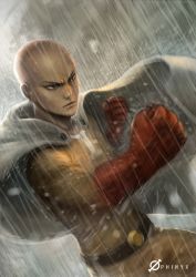  1boy artist_name bald black_eyes cape fighting_stance gloves male_focus manly namae_shifuta one-punch_man rain realistic saitama_(one-punch_man) solo 