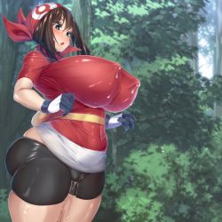1girl alternate_breast_size ass bandana bike_shorts black_shorts blue_eyes blush breasts brown_hair cameltoe cleft_of_venus covered_erect_nipples creatures_(company) curvy fanny_pack female_focus forest game_freak gloves highres huge_breasts kawahagitei lactation lactation_through_clothes may_(pokemon) nature nintendo no_bra no_panties open_mouth outdoors pants pokemon pokemon_rse pussy_juice pussy_juice_drip_through_clothes pussy_juice_trail red_bandana red_shirt shirt short_sleeves shorts skindentation solo sweatdrop thick_thighs thighs tight_clothes tight_pants rating:Explicit score:181 user:Benk941