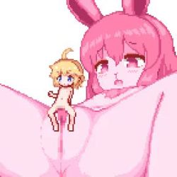  2girls ahoge animal_ears animated blonde_hair blush borrowed_character censored cleft_of_venus clit_sex clitoral_stimulation clitoris female_ejaculation female_orgasm furry grinding hinainf loli lowres meyuu_(kso) mini_person minigirl mosaic_censoring multiple_girls navel nude open_mouth orgasm pink_eyes pink_fur pink_hair pixel_art pussy pussy_juice rabbit_ears rabbit_girl sex size_difference spread_legs tribadism video yuri 