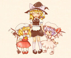  3girls ascot back_bow bat_wings black_footwear black_headwear black_skirt black_vest blonde_hair blush bow bowtie braid breasts brooch closed_eyes closed_mouth collared_shirt flandre_scarlet full_body hat hat_bow hat_ribbon holding holding_hands holding_polearm holding_weapon jewelry kirisame_marisa laevatein_(touhou) large_bow looking_at_another mary_janes medium_breasts medium_hair mob_cap multicolored_wings multiple_girls nohashi_(travel_frontier) open_mouth pigeon-toed pink_footwear pink_shirt pink_skirt pointy_ears polearm puffy_short_sleeves puffy_sleeves purple_hair red_brooch red_eyes red_footwear red_skirt red_vest remilia_scarlet ribbon shirt shoes short_sleeves single_braid skirt skirt_set small_breasts socks standing sweatdrop touhou vest weapon white_bow white_shirt white_socks wings witch_hat wrist_cuffs 
