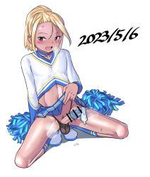  1boy bar_censor black_panties blue_skirt blush breath censored cheerleader clothes_lift condom condom_on_penis crossdressing cum dated erection highleg highleg_panties highres looking_at_viewer male_focus male_pubic_hair open_mouth original panties penis penis_out pom_pom_(cheerleading) pubic_hair shota simple_background skirt skirt_lift socks solo sparse_pubic_hair squatting tan trap underwear unmaker white_background 