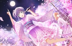  2girls :d aqua_eyes cherry_blossoms cross-laced_footwear dutch_angle falling_petals floral_print_kimono flower foot_out_of_frame frilled_skirt frilled_socks frills full_moon game_cg green_eyes hair_bun hair_flower hair_ornament high_heels highres hinoshita_kaho holding holding_microphone index_finger_raised japanese_clothes kimono lace-trimmed_sash leg_up lens_flare link!_like!_love_live! long_hair looking_at_viewer love_live! medium_hair microphone moon multiple_girls night obi official_art open_mouth orange_hair otomune_kozue ouka_ranman_(love_live!) petals pink_footwear pink_kimono pink_petals pink_skirt pointing pointing_up purple_hair purple_sash sash short_kimono side_ponytail sidelocks sideways_mouth single_side_bun skirt smile socks solo_focus teeth third-party_source two_side_up upper_teeth_only virtual_youtuber white_socks wide_sleeves 