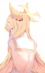 1girl absurdres animal_ears ao_wine backless_outfit bare_back blonde_hair blue_archive commentary detached_sleeves extra_ears flower forehead fox_ears fox_girl hair_flower hair_ornament halo head_tilt highres long_hair looking_at_viewer looking_back medium_hair orange_eyes parted_bangs sailor_collar seia_(blue_archive) simple_background solo sweatdrop v_arms white_background white_sailor_collar  rating:Sensitive score:12 user:danbooru