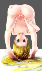  1girl artist_request barefoot bent_over blonde_hair blush cameltoe cleft_of_venus completely_nude fat_mons feet female_focus flat_chest full_body highres loli long_hair looking_at_viewer nude pussy_juice_drip solo tagme  rating:Explicit score:39 user:Clown_town