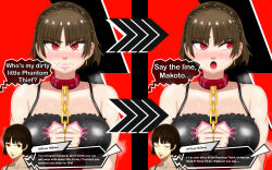  2koma 2panels aged_up bdsm black_bra blush bondage bondage_cuffs bound bra braid breasts brown_hair cat_keyhole_bra cat_lingerie chain cleavage cleavage_cutout clothing_cutout collar collarbone comic crown_braid cuffs dialogue_box earrings eddarxart english_text gold_chain handcuffed handcuffs headband highres husband_and_wife instant_loss jewelry keyhole keyhole_bra large_breasts lighting_bolt looking_at_viewer meme_attire motion_lines muscular muscular_arms muscular_female niijima_makoto official_art persona persona_5 persona_5_the_royal pet pet_play phantom_thief police police_uniform policewoman portrait red_background red_collar red_eyes roleplay short_hair steam steaming_body sweat sweatdrop talking talking tomboy underwear uniform very_short_hair visual_novel 